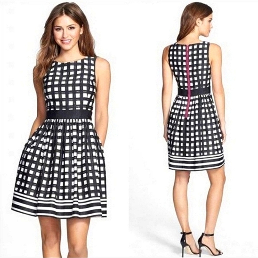 Eliza J Fit and Flare Black White Pink Windowpane Plaid Dress Size 4